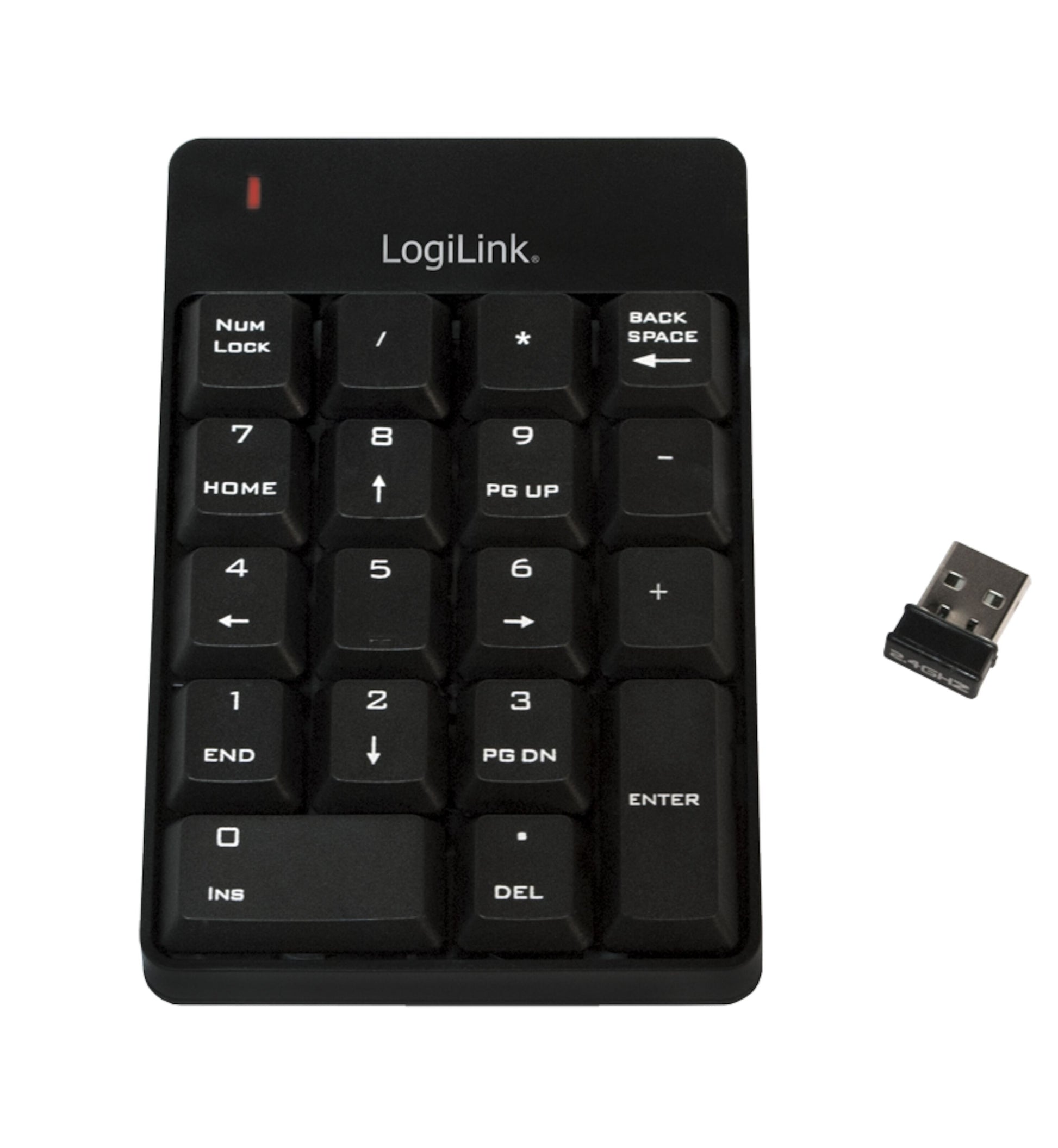 Logilink trådløst numerisk tastatur sorteret med tal- og funktionsknapper, backspace-tast, USB-modtager og rød indikatorlampe.