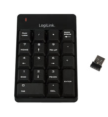 Logilink trådløst numerisk tastatur sorteret med tal- og funktionsknapper, backspace-tast, USB-modtager og rød indikatorlampe.
