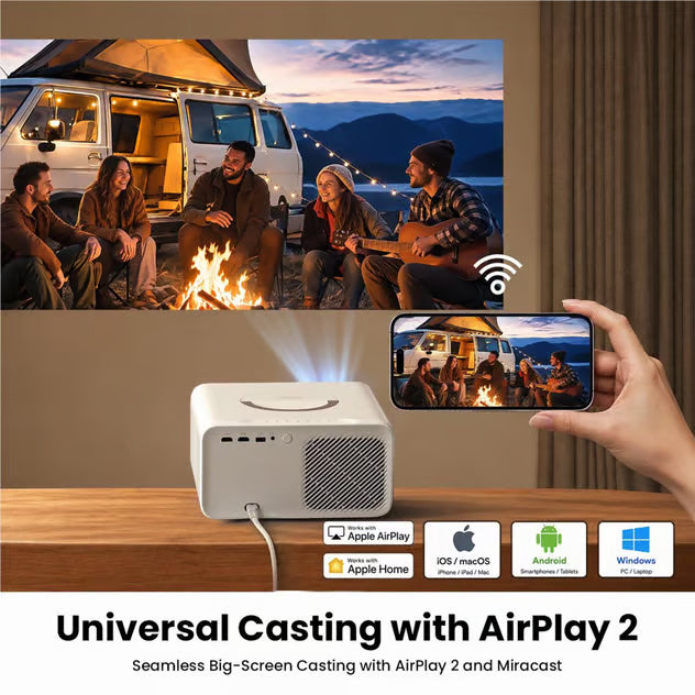Yaber L3 Full HD-projektor, Lunar Rock, 1.200 ANSI-lumen, VIDAA OS, JBL-højttalere, projicerer video fra smartphone.