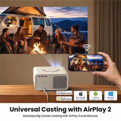 Yaber L3 Full HD-projektor, Lunar Rock, 1.200 ANSI-lumen, VIDAA OS, JBL-højttalere, projicerer video fra smartphone.