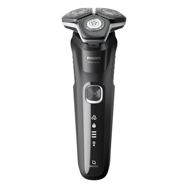 Philips Series 5000 S5898/35 roterende barbermaskine med tre skær, tænd/sluk-knap og SkinIQ-display.