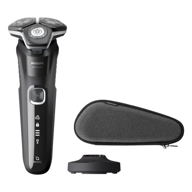 Sort Philips Series 5000 S5898/35 roterende barbermaskine med tre skær, opladningsstation og etui.