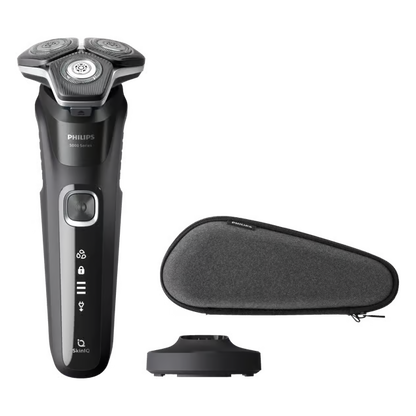 Sort Philips Series 5000 S5898/35 roterende barbermaskine med tre skær, opladningsstation og etui.