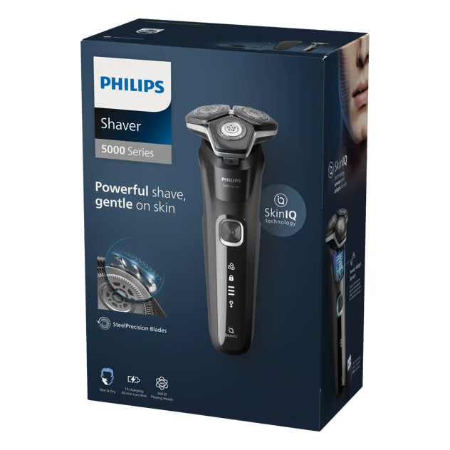 Philips barbermaskine, serie 5000, model S5898/35, sort, med tre fleksible hoveder, i emballage.