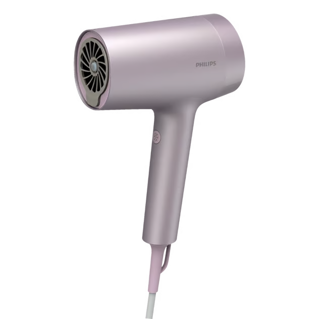 Philips 7000-serien BHD723/10 hårtørrer i lavendel med rundt hoved, cirkulært luftindtag, ionteknologi og ledning.
