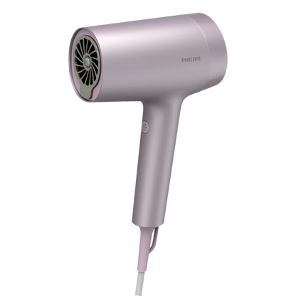 Philips 7000-serien BHD723/10 hårtørrer i lavendel med rundt hoved, cirkulært luftindtag, ionteknologi og ledning.