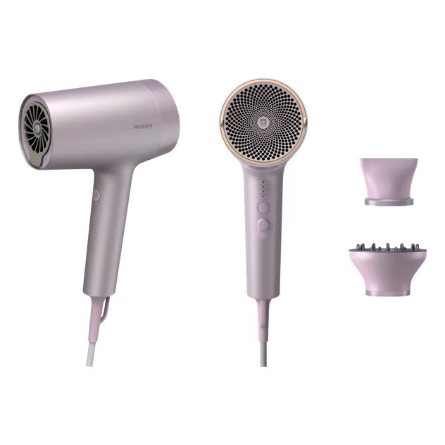 Philips 7000-serien BHD723/10 hårtørrer i lavendel, set fra siden og bagfra, med ThermoShield Advanced, mundstykke og diffusor.