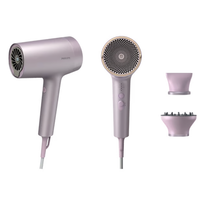 Philips 7000-serien BHD723/10 hårtørrer i lavendel, set fra siden og bagfra, med ThermoShield Advanced, mundstykke og diffusor.