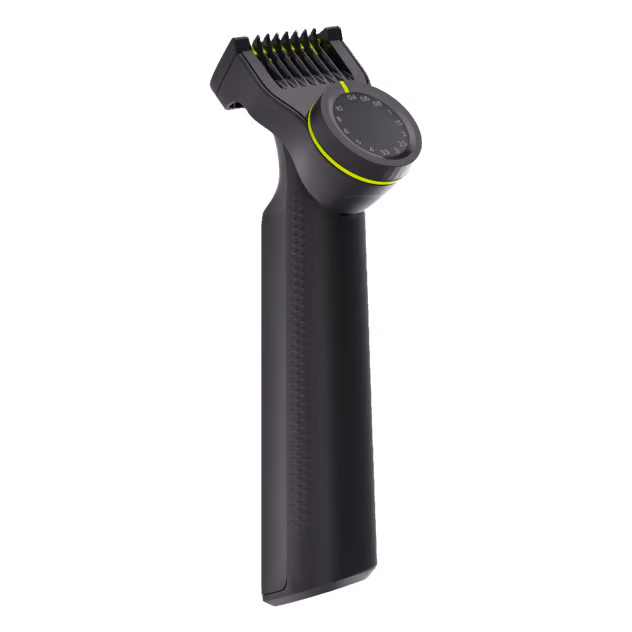 Philips OneBlade Pro 360 QP6542/15 ansigts- og kropstrimmer i sort og limegrøn med justerbar længdeskive og kam.