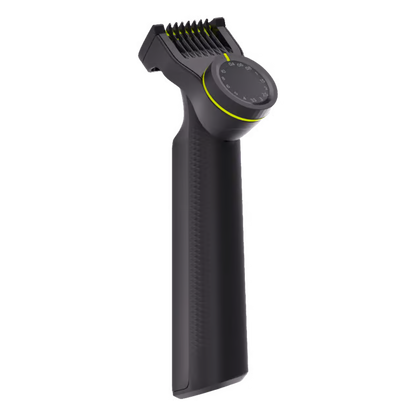 Philips OneBlade Pro 360 QP6542/15 ansigts- og kropstrimmer i sort og limegrøn med justerbar længdeskive og kam.