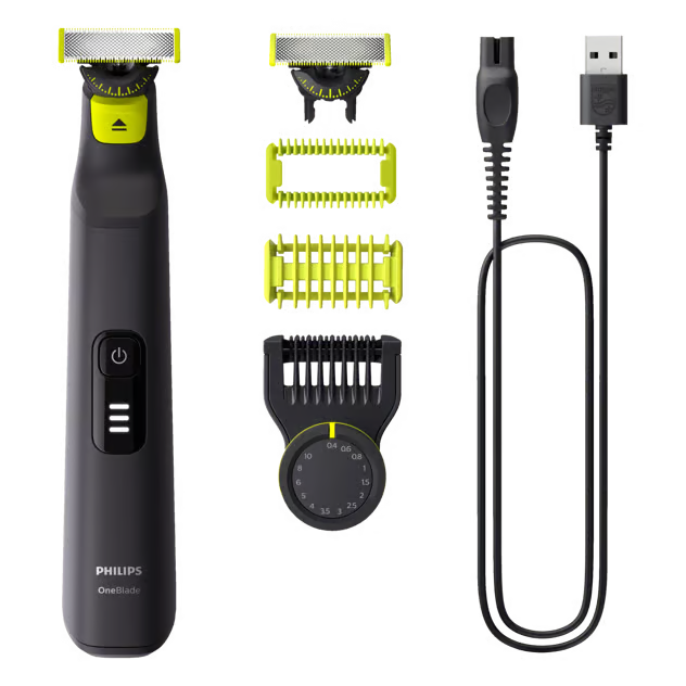Philips OneBlade Pro 360 QP6542/15 trimmer og barbermaskine i sort/lime med 360-blad, tre kamme, præcisionskam og USB-kabel.