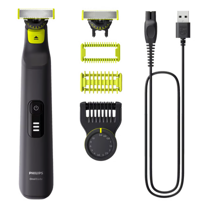 Philips OneBlade Pro 360 QP6542/15 trimmer og barbermaskine i sort/lime med 360-blad, tre kamme, præcisionskam og USB-kabel.