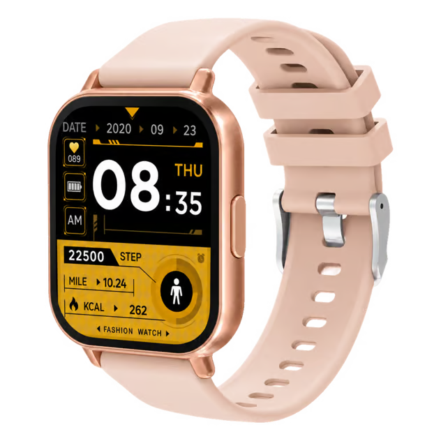 Pink Denver SWC-176 smartwatch med firkantet skærm, klokkeslæt, dato, sundhedsdata og Bluetooth-opkald.