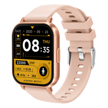 Pink Denver SWC-176 smartwatch med firkantet skærm, klokkeslæt, dato, sundhedsdata og Bluetooth-opkald.