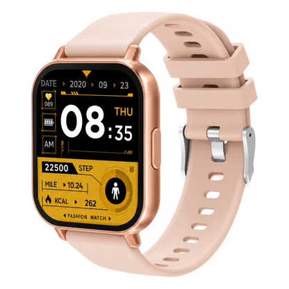 Pink Denver SWC-176 smartwatch med firkantet skærm, klokkeslæt, dato, sundhedsdata og Bluetooth-opkald.