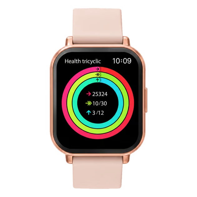 Denver SWC-176 smartwatch, lyserød, 1,81″ skærm, firkantet urkasse, lyserød rem, aktivitetsmåling, skridttæller og klokkeslæt.