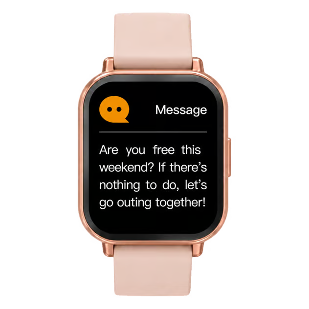Denver SWC-176 smartwatch i rosaguld med lyserød rem, viser notifikationer, Bluetooth-opkald og sundhedsdata.