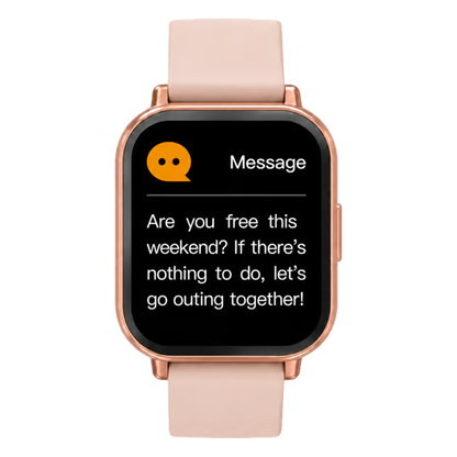 Denver SWC-176 smartwatch i rosaguld med lyserød rem, viser notifikationer, Bluetooth-opkald og sundhedsdata.