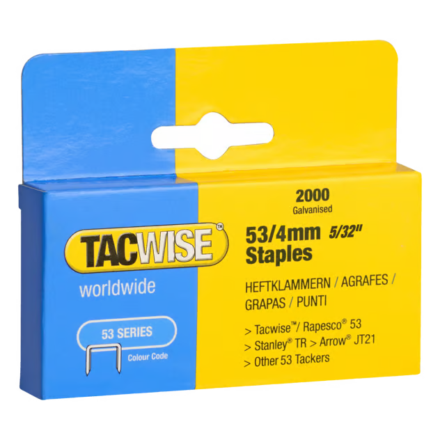 Tacwise hæfteklammer type 53, 4 mm, 2000 stk. i blå og gul æske til hæftepistoler i 53-serien.