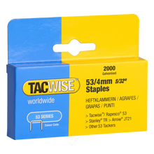Tacwise hæfteklammer type 53, 4 mm, 2000 stk. i blå og gul æske til hæftepistoler i 53-serien.