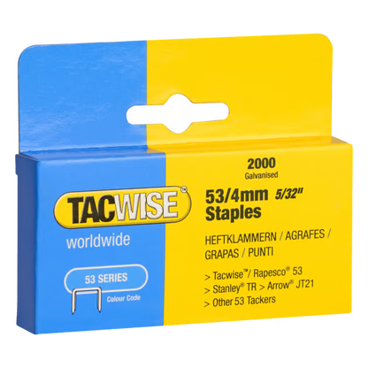 Tacwise hæfteklammer type 53, 4 mm, 2000 stk. i blå og gul æske til hæftepistoler i 53-serien.