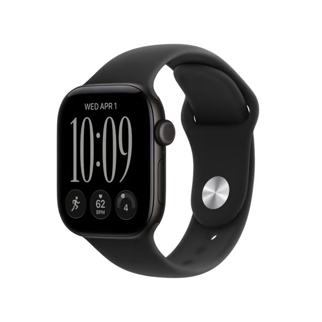Apple Watch Series 12 (GPS) 42 mm, sort, S/M, firkantet digital skærm med klokkeslæt og pulsmåler, sort silikonereim.