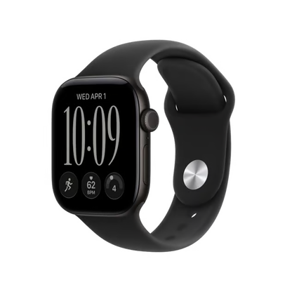 Apple Watch Series 12 (GPS) 42 mm, sort, S/M, firkantet digital skærm med klokkeslæt og pulsmåler, sort silikonereim.