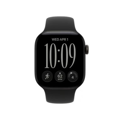 Apple Watch Series 12 (GPS) 42 mm, sort, S/M, sort rem, digital skærm med klokkeslæt, dato og aktivitetsikoner.