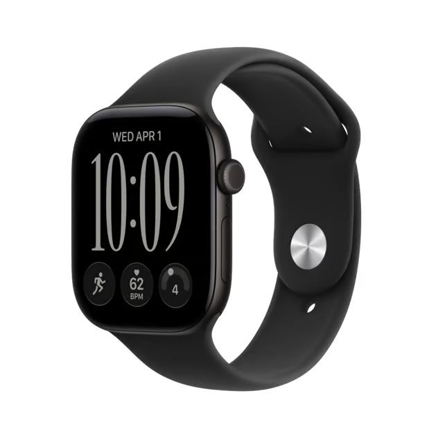 Apple Watch Series 12 (GPS) 46 mm, sort, M/L med silikonrem, digital urskive med klokkeslæt, dato og træningsdata.