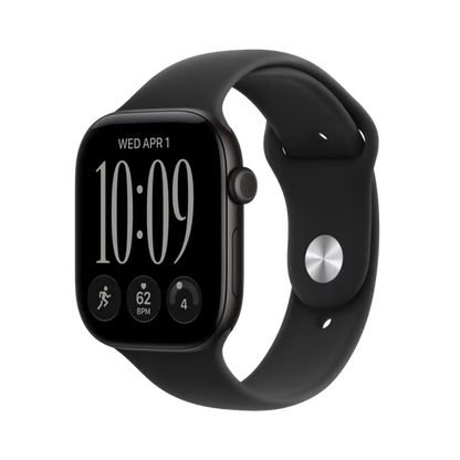 Apple Watch Series 12 (GPS) 46 mm, sort, M/L med silikonrem, digital urskive med klokkeslæt, dato og træningsdata.