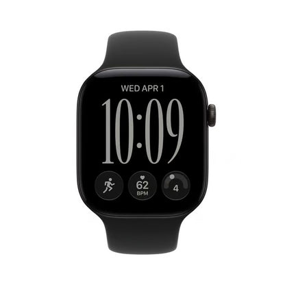 Apple Watch Series 12 46 mm GPS, sort, M/L med digital urskive samt sundheds- og aktivitetsdata.