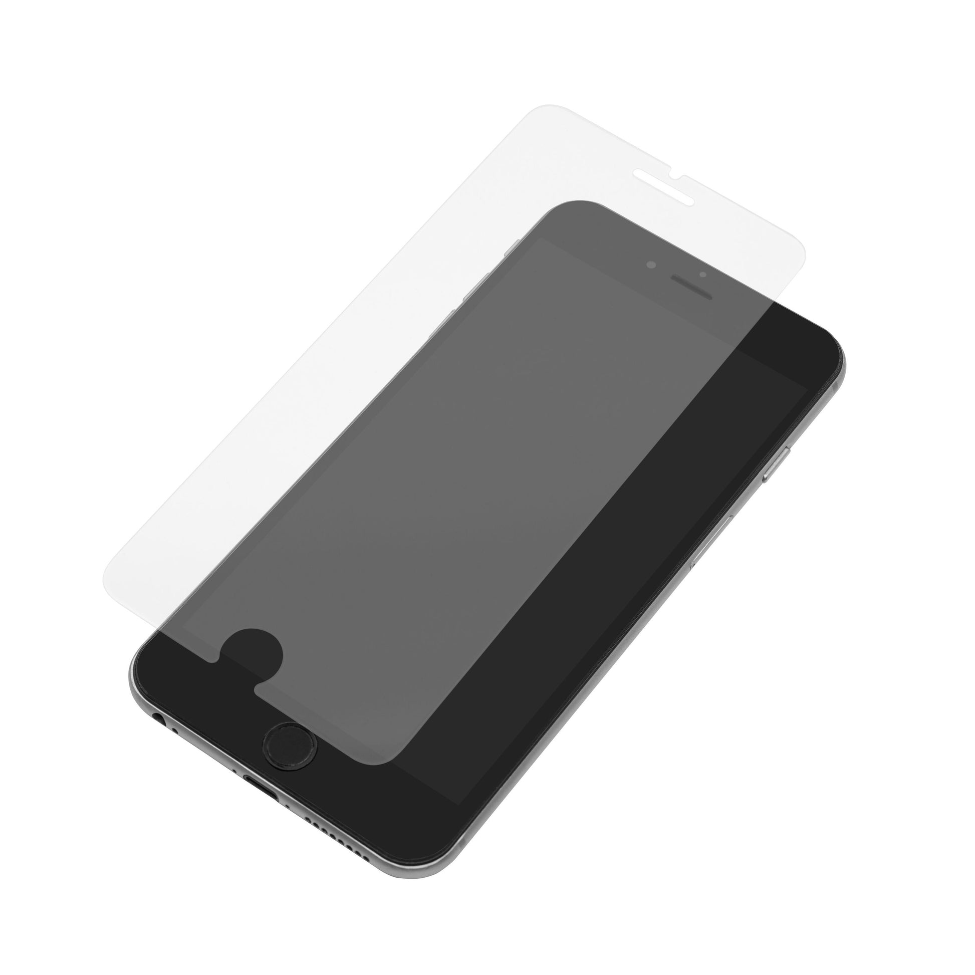 Linocell Elite Extreme skærmbeskyttelse til iPhone 6/7/8 Plus delvist placeret over sort iPhone, klar til montering.