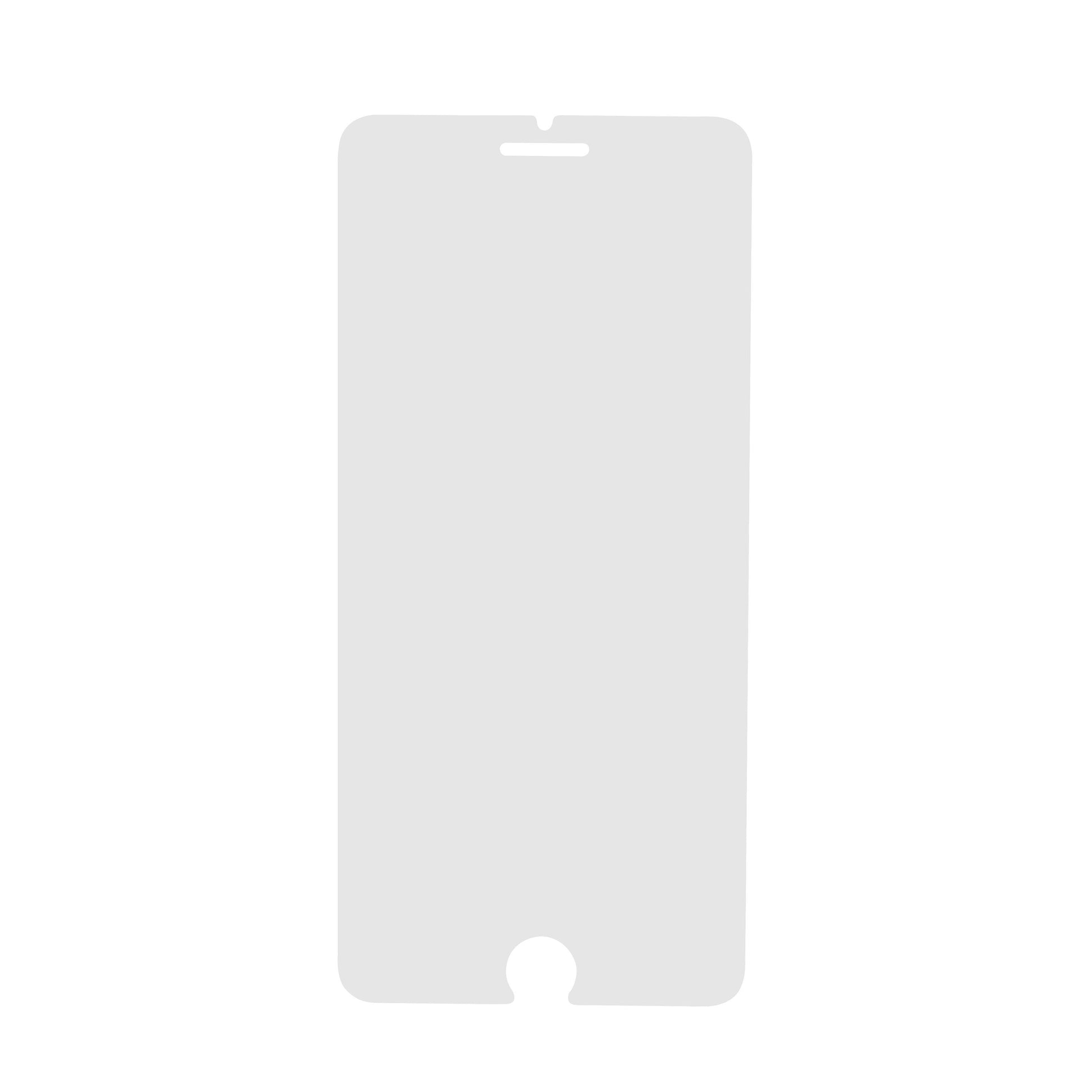 Skærmbeskyttelse til iPhone 6/7/8 Plus med afrundede hjørner, lille kameranotch og rund hjemknap nederst.