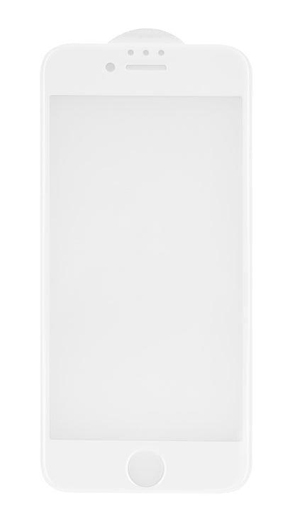 IPhone 6/7/8 hvid smartphone med Elite Extreme Curved hærdet glas skærmbeskyttelse.