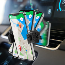 Smartphone med kort-app monteret i Ledet universalholder til mobil/GPS, roterbar, bilens dashboard og navigation synlig.