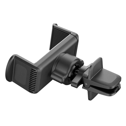Universalholder til mobil og GPS, sort, justerbar med teksturerede sidegreb og klemme til montering på ventilationsgitter.