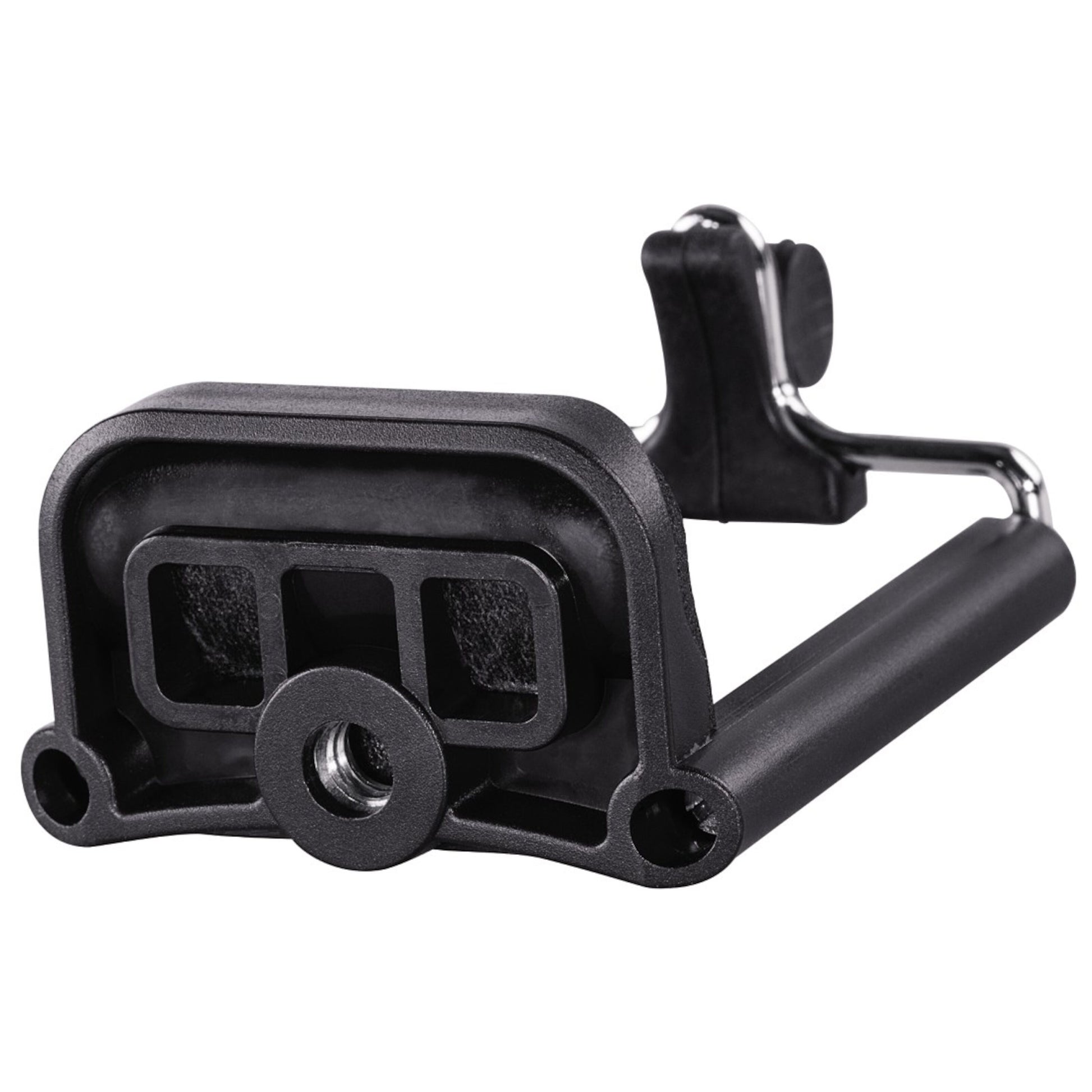Sort mobilholder til kamerastativ i metal og plast med rektangulær ramme, rundet skruehul og foldbar sidearm.