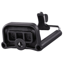 Sort mobilholder til kamerastativ i metal og plast med rektangulær ramme, rundet skruehul og foldbar sidearm.