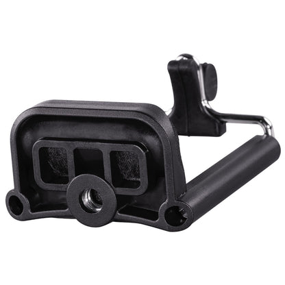 Sort mobilholder til kamerastativ i metal og plast med rektangulær ramme, rundet skruehul og foldbar sidearm.
