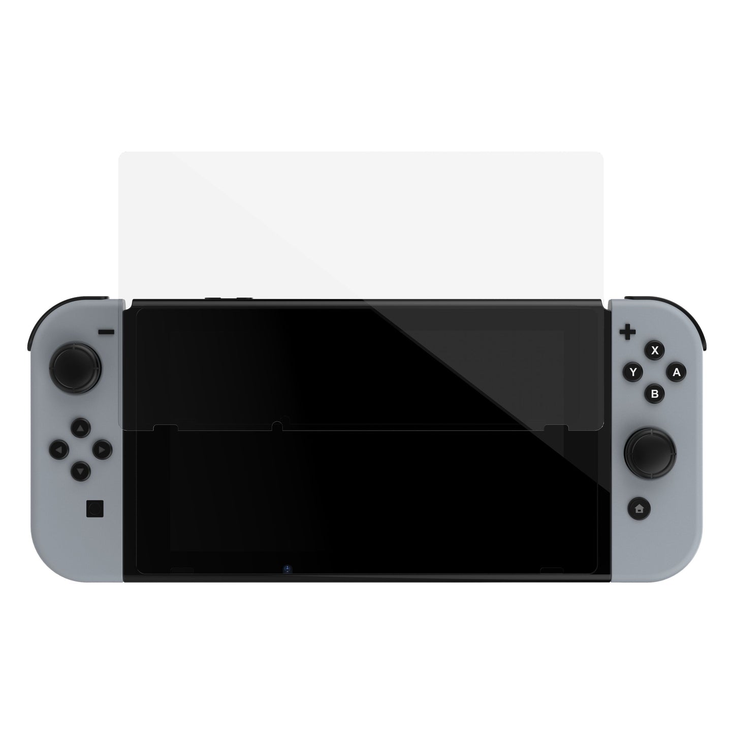 Plexgear skærmbeskyttelse i glas til Nintendo Switch med grå Joy-Con, viser pasform og holdbarhed.