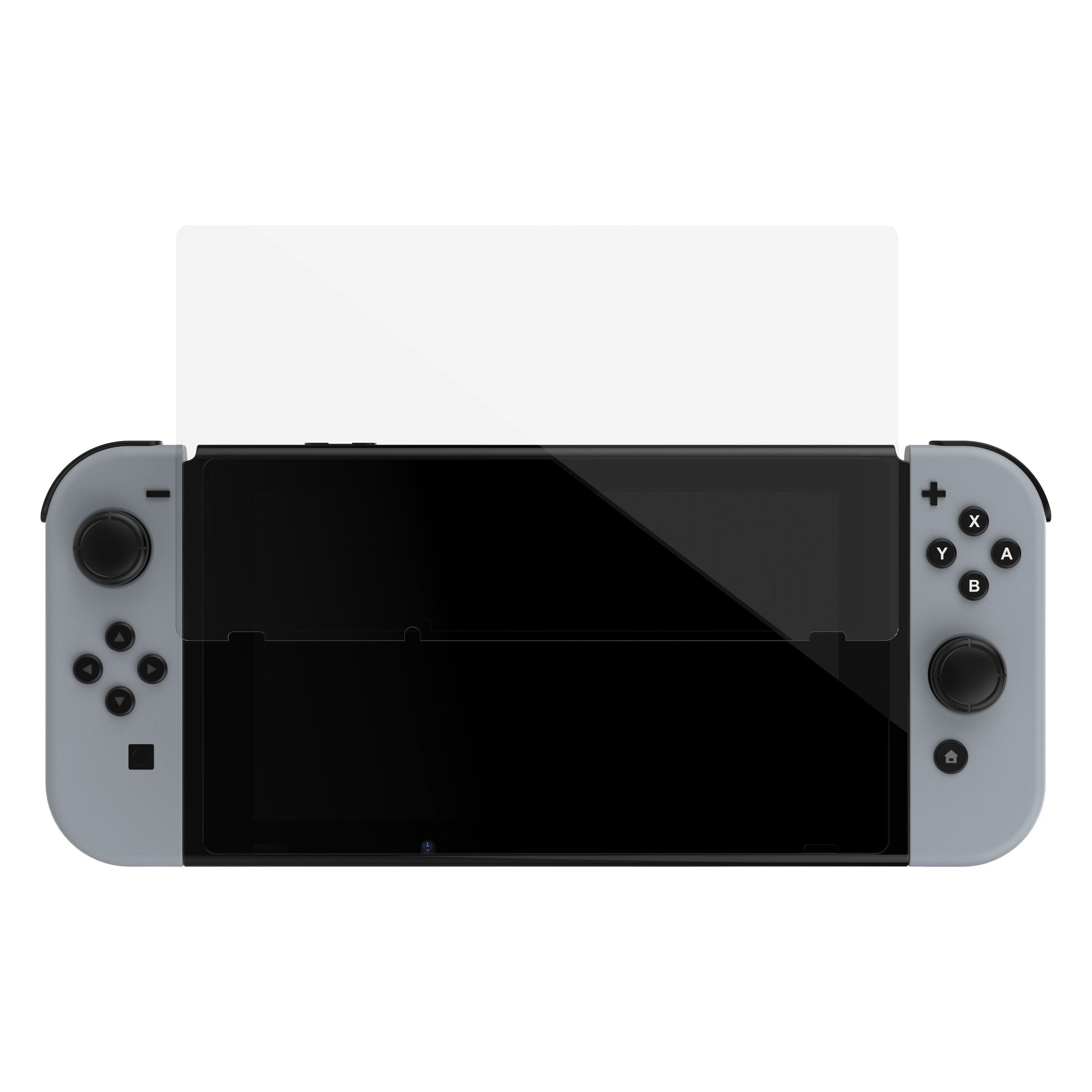 Plexgear skærmbeskyttelse i glas til Nintendo Switch med grå Joy-Con, viser pasform og holdbarhed.