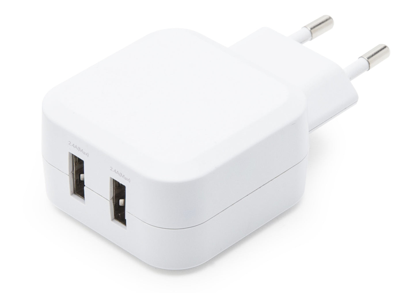 USB-oplader 4,8A med til USB-porte og til runde stik til direkte tilslutning i stikkontakt.