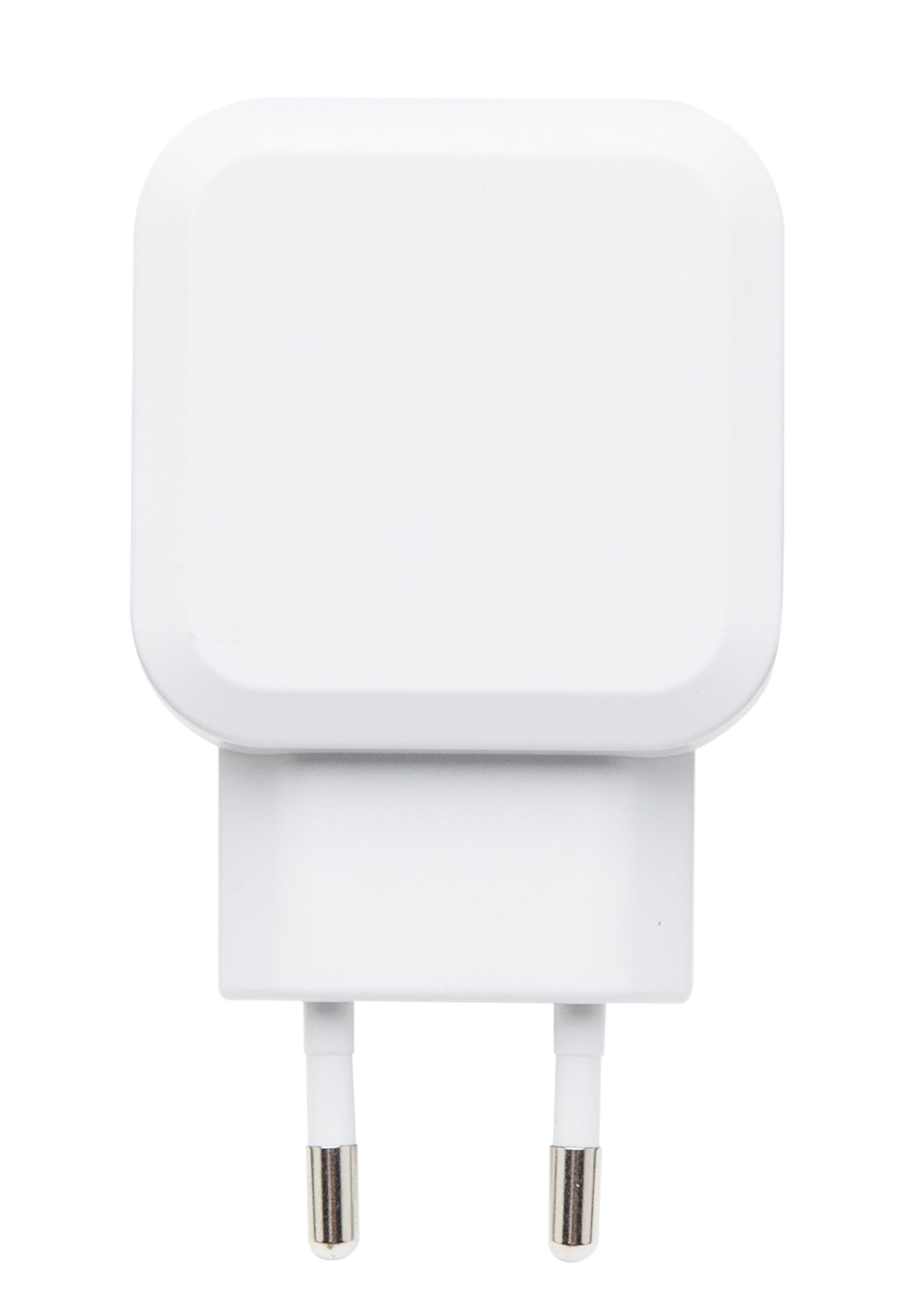 Hvid rektangulær 4,8A USB-oplader med to porte til europæiske stikkontakter med to runde ben.