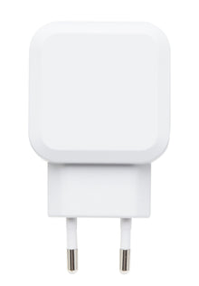 Hvid rektangulær 4,8A USB-oplader med to porte til europæiske stikkontakter med to runde ben.