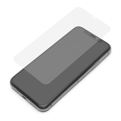 Linocell Elite Extreme skærmbeskyttelse til iPhone X/Xs/11 Pro over skråt telefon, viser skærm, sideknapper, bundt.