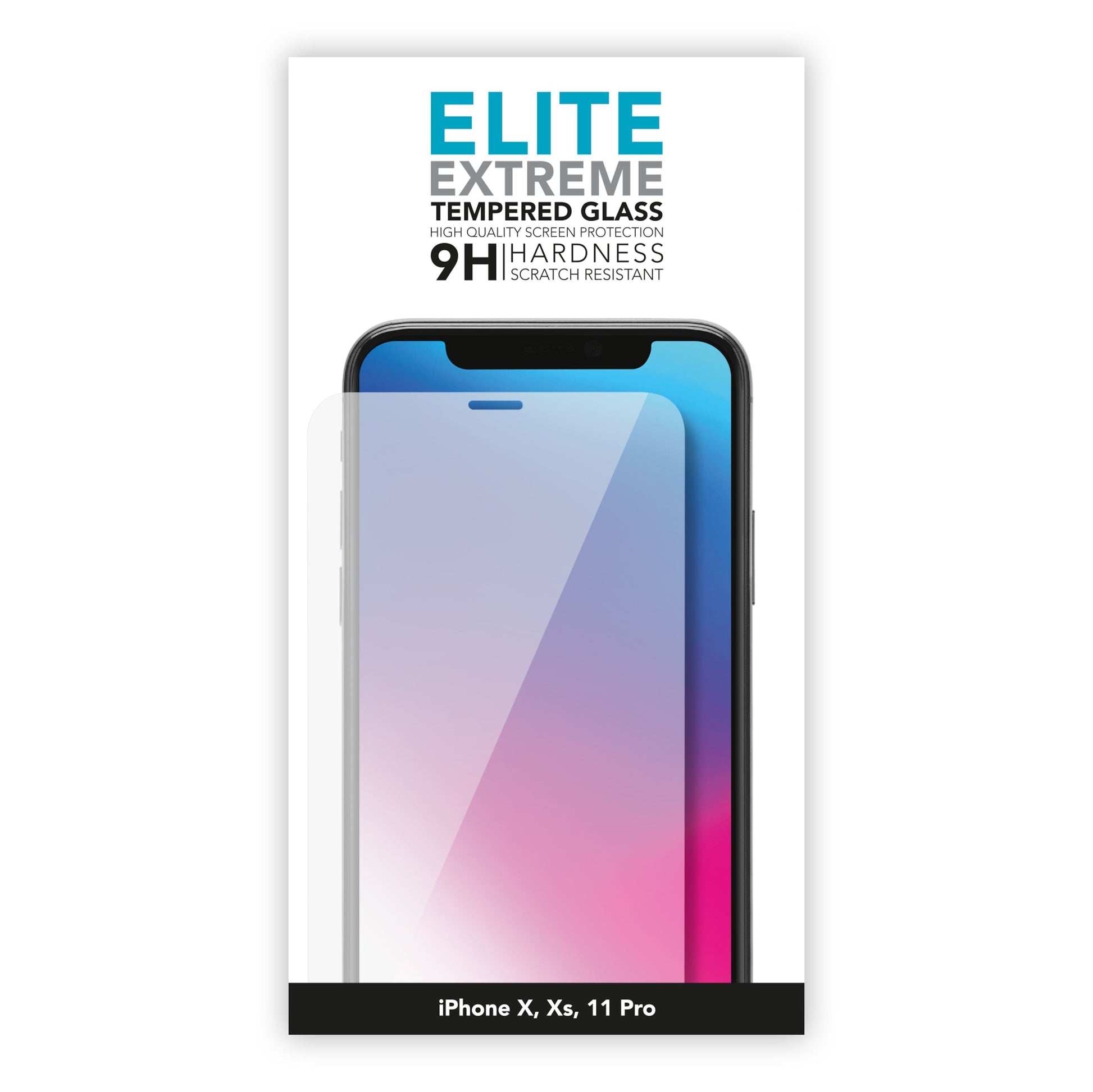 Skærmbeskyttelse til iPhone X/Xs/11 Pro ses med glasoverlay på telefonen og info om modellen på emballagen.