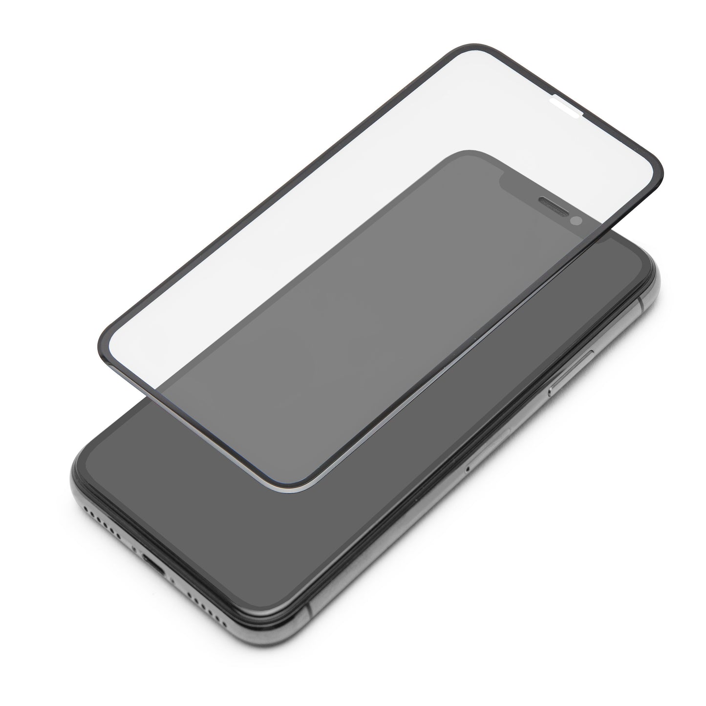 IPhone X/Xs/11 Pro med Elite Extreme Curved skærmbeskyttelse i hærdet glas svævende over skærmen.