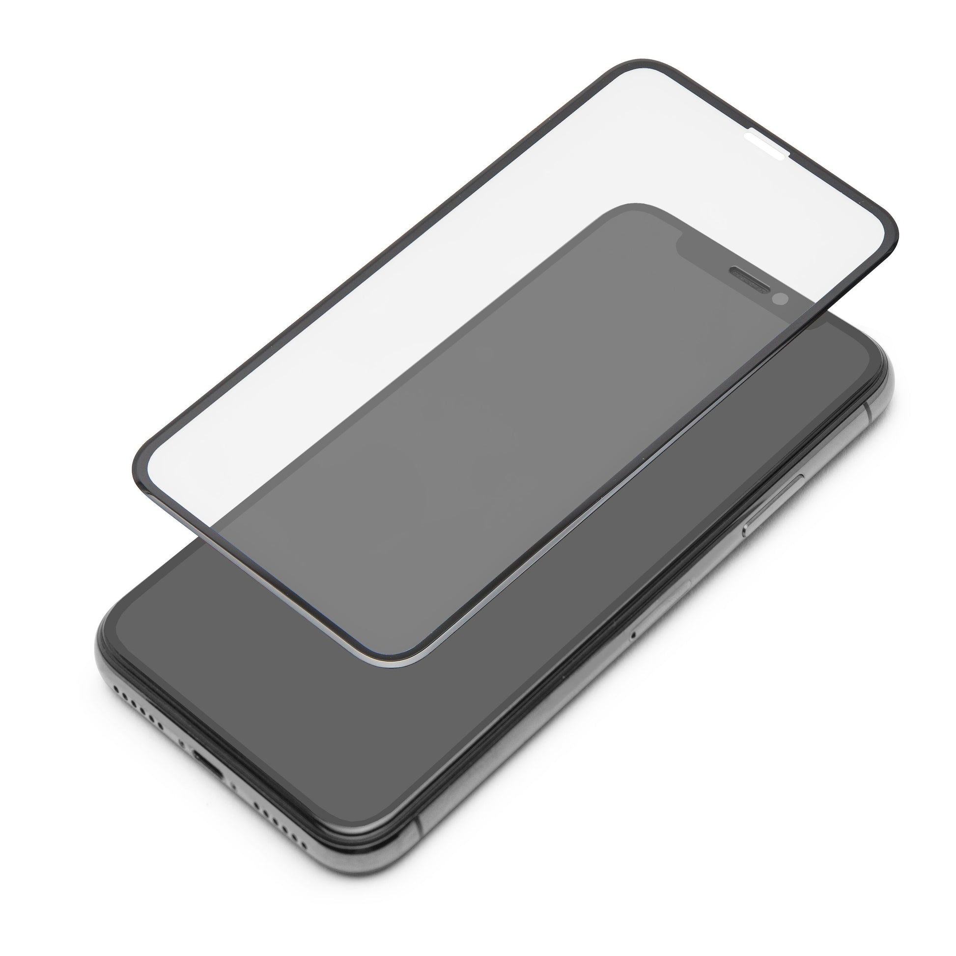 IPhone X/Xs/11 Pro med Elite Extreme Curved skærmbeskyttelse i hærdet glas svævende over skærmen.