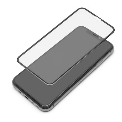 IPhone X/Xs/11 Pro med Elite Extreme Curved skærmbeskyttelse i hærdet glas svævende over skærmen.