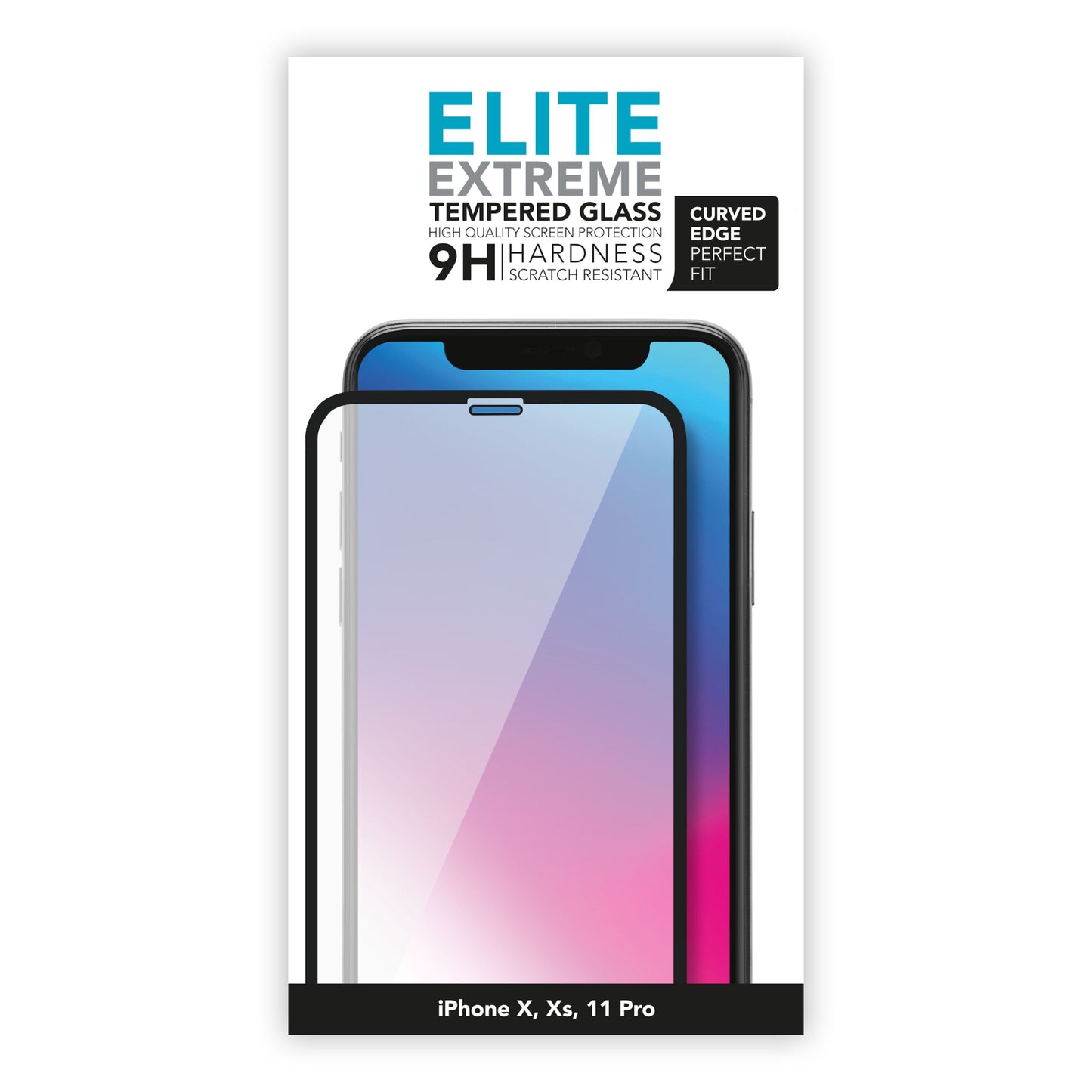 Linocell Elite Extreme Curved skærmbeskyttelse til iPhone X/Xs/11 Pro 9H hårdhed buede kanter glas delvist monteret.